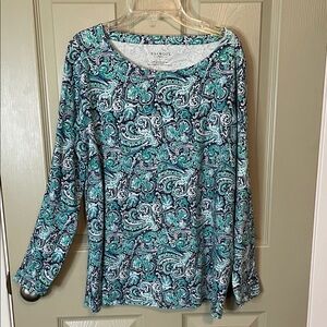 Great Talbots Long Sleeve Tee Shirt- Teal, Blue and White Paisley Pattern EUC